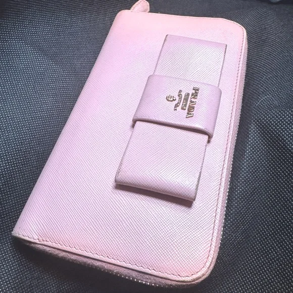 Prada Pink Bow Saffiano Zip Wallet Continental RARE DISCONTINUED - Picture 2 of 12